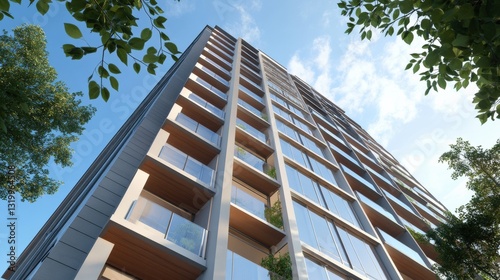 Modern Residential Building with Glass Facade Surrounded by Lush Greenery Under Clear Blue Sky, Showcasing Contemporary Architecture and Urban Living