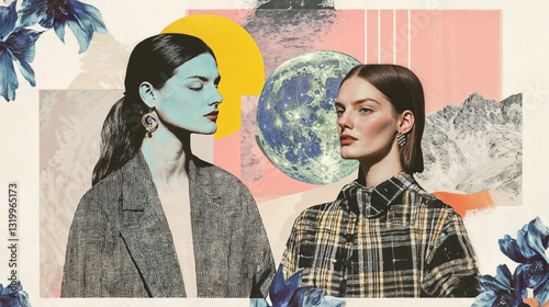 Gemini zodiac as fashionable collage with two twins women. Female astrological horoscope sign creative