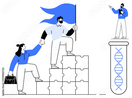 Professionals collaborate by climbing puzzle blocks, waving a flag for success. A researcher points to DNA in a test tube. Ideal for teamwork, leadership, science, innovation, discovery