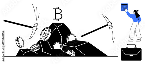 Pickaxes extracting Bitcoin from a rock pile, worker interacting with tablet, briefcase nearby. Ideal for cryptocurrency, blockchain, investment, technology, mining finance and economy. Flat simple