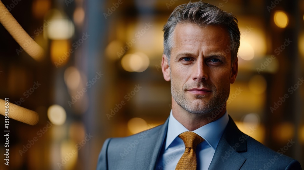 A confident man in a tailored suit with a golden tie is portrayed against a blurred, ambient background, This image is ideal for corporate, business, or professional contexts, A confident man in a tailored suit with a golden tie is portrayed against a blurred, ambient background, This image is ideal for corporate, business, or professional contexts,