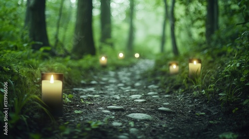 A mystical forest path with tiny flickering candle, creating a serene and mystical atmosphere