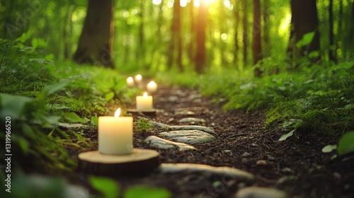 A mystical forest path with tiny flickering candle, creating a serene and mystical atmosphere