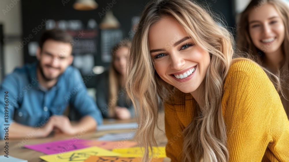 Obraz premium A cheerful woman wearing a yellow sweater smiles at the camera, surrounded by her colleagues in a creative workspace, This image can be used to represent teamwork, positivity, and collaboration,