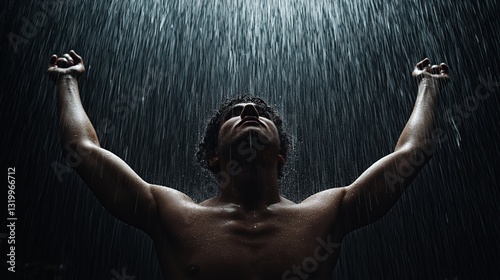 A man stands in a dimly lit space, completely immersed in the downpour, arms raised high as if embracing the rain. Water cascades around him, creating an atmosphere of freedom and raw emotion