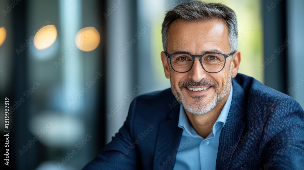 Fototapeta premium A smiling man in a blue suit and glasses sits in a contemporary office setting, exuding confidence and approachability, This image can be used for business, coaching
