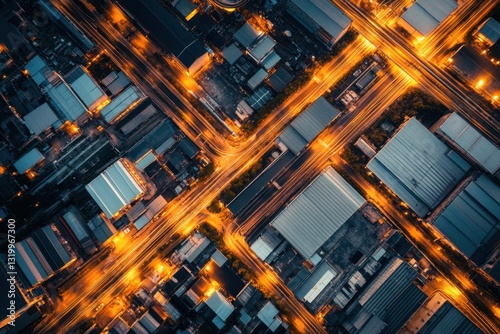Aerial view of city streets illuminated at night	