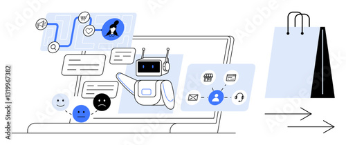 Robot assisting e-commerce by analyzing feedback, recommending products, and streamlining queries. Ideal for customer support, online shopping, AI integration, feedback, e-commerce, business