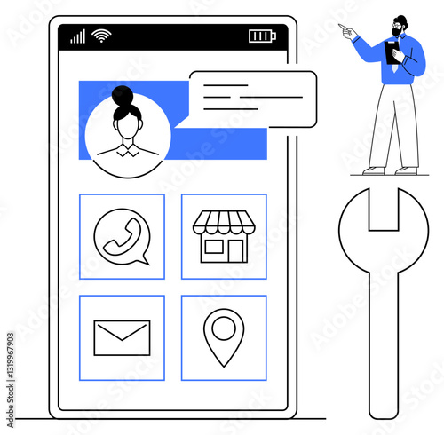 Smartphone screen highlighting user profile, messaging app, navigation tools, and business applications. Ideal for technology, app design, communication, navigation, business development tech
