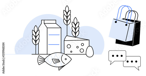 Milk, cheese, fish, and egg near wheat stalks, black and blue shopping bag, and chat bubbles. Ideal for food shopping, online communication, groceries agriculture nutrition e-commerce consumer
