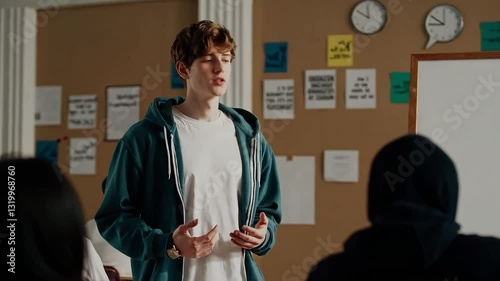 Young man in a hoodie giving a presentation in a classroom, engaging with classmates.
