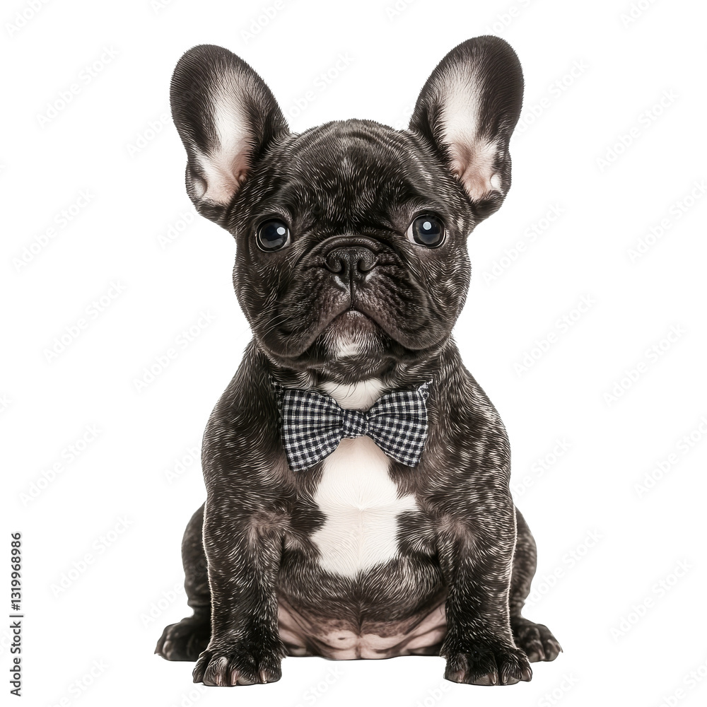Cute French Bulldog puppy wearing a bow tie poses for a portrait against a white background