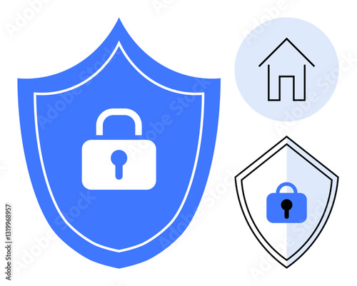 Blue shield with a white padlock, minimalist outline of a house, second shield with padlock. Ideal for safety, security, protection, home, cybersecurity privacy insurance. Abstract line flat photo