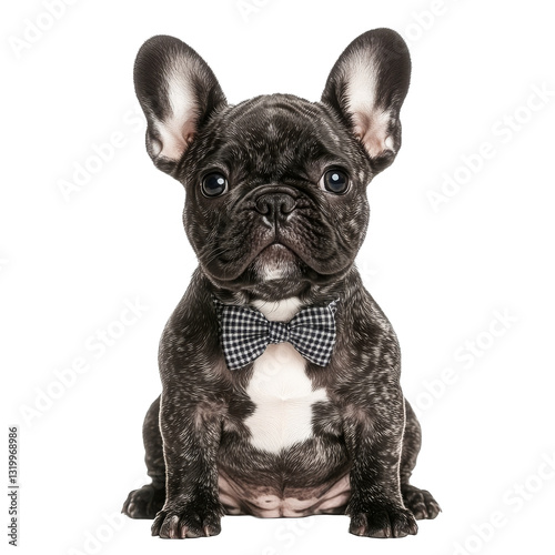 Obraz na płótnie Cute French Bulldog puppy wearing a bow tie poses for a portrait against a white background w salonie
