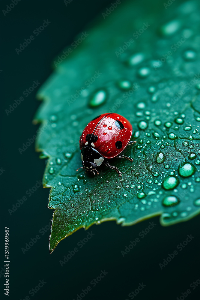 Fototapeta premium Bright ladybug rests on dew-kissed green leaf in a tranquil garden after a gentle rain shower