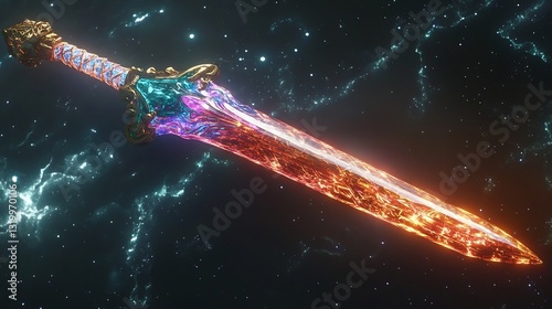 Floating sword made of liquid diamond its hilt wrapped in woven light humming with stored cosmic energy celestial energy style