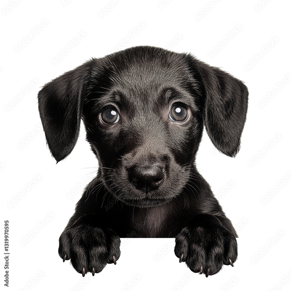 Cute black puppy with expressive eyes peeking over a white surface indoors