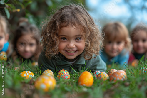 A group of kids excitedly hunting for hidden Easter eggs in a park photo