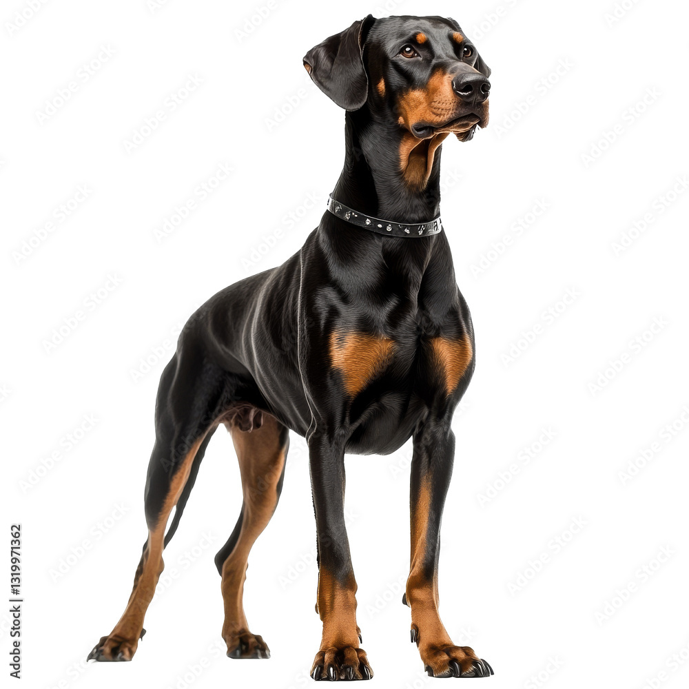 Doberman standing proudly against a white background with a shiny coat and collar