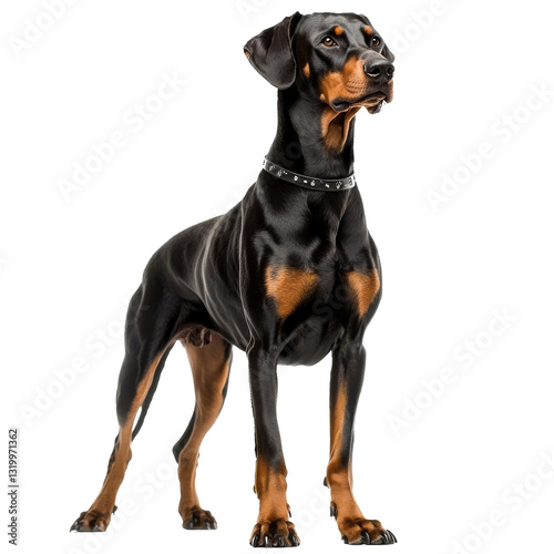 Obraz na płótnie Doberman standing proudly against a white background with a shiny coat and collar w salonie