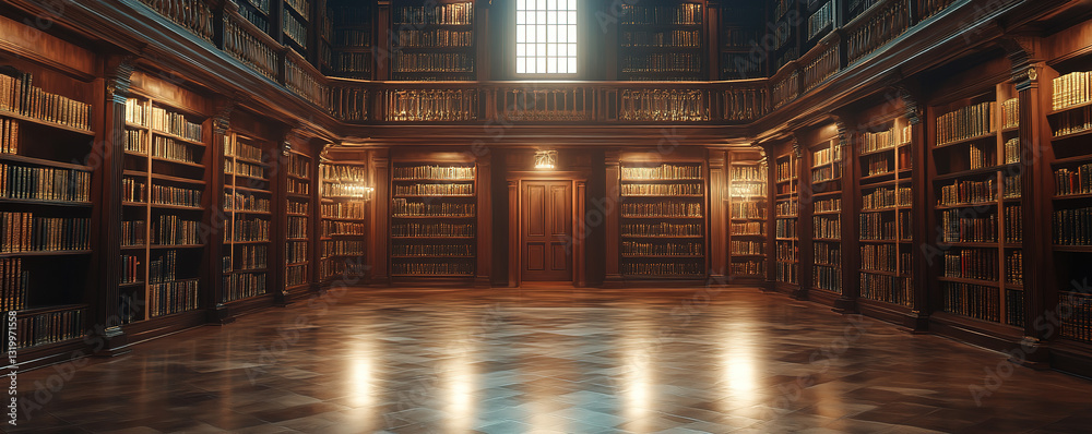 Fototapeta premium Quiet reading session in an elegant library historical building interior design warm atmosphere wide angle knowledge hub
