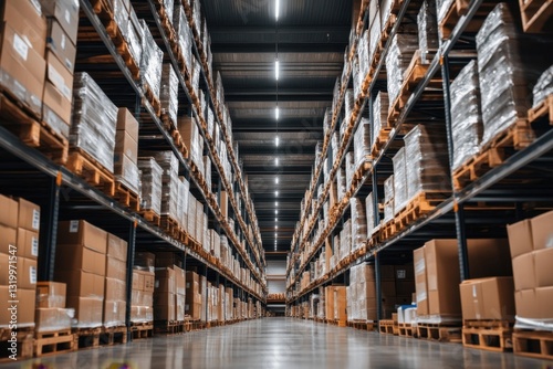 Large industrial warehouse with stacked storage shelves	 photo