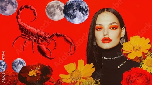 Scorpio zodiac as fashionable collage with woman and scorpion. Female astrological horoscope sign creative