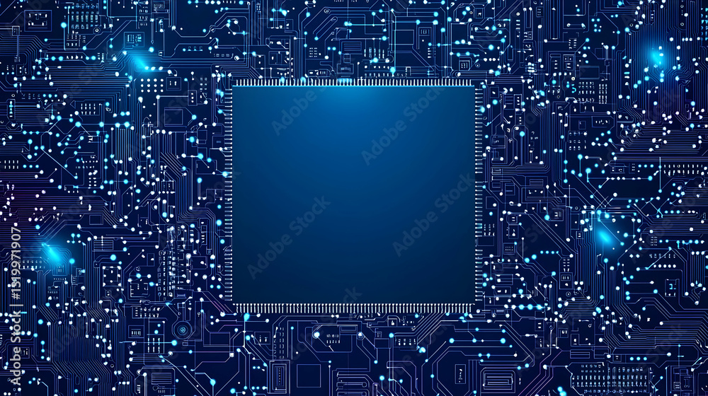 Obraz premium Futuristic Blue Circuit Board Background With Central Square Copy Space And Glowing Details On Dark Background