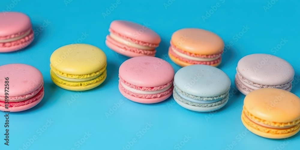 Fototapeta premium Delicate pastel macarons, vibrant hues, arranged on a bright blue background, top view, isolated