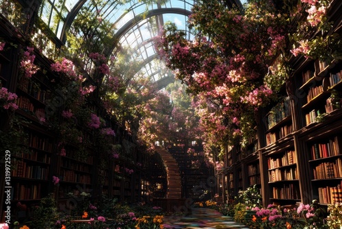 Wallpaper Mural Magical library with floating flowers and arched glass ceiling	 Torontodigital.ca