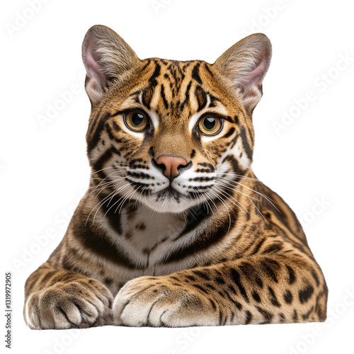 Close up view of a leopard resting calmly with striking fur pattern in a studio environment