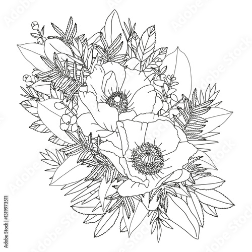 Coloring page for adults and children. Flower coloring.