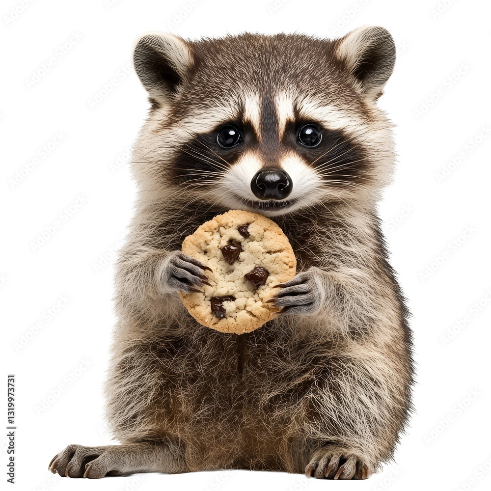 Raccoon happily holding a chocolate chip cookie in a playful pose