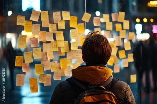 Man looking at sticky notes on glass wall	