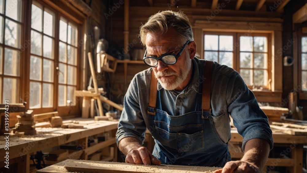 Senior craftsman working with wood, crafting in rustic workshop, illuminated by sunlight from window. Senior craftsman working with wood, crafting in rustic workshop, illuminated by sunlight from window.