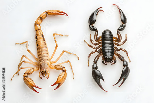deadly Arizona bark scorpion with thin pincers beside harmless black emperor scorpion with robust claws