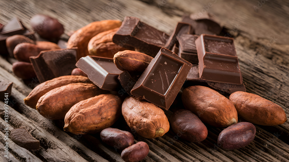 a close-up of cocoa beans and chocolate pieces, arranged on a wooden surface with a natural, rustic feel a close-up of cocoa beans and chocolate pieces, arranged on a wooden surface with a natural, rustic feel