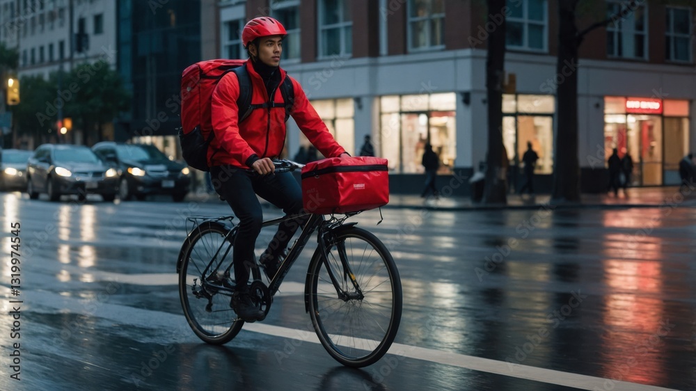 Courier pedals through the city streets, delivering goods during a rainy day. Courier pedals through the city streets, delivering goods during a rainy day.