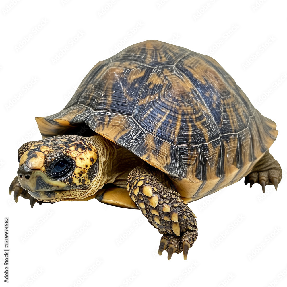 Detailed close up of a tortoise showing natural colors and textures on a light background