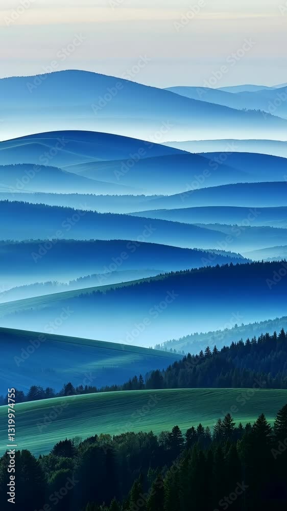 Majestic rolling hills and serene valleys under a tranquil morning sky at dawn in a mountainous landscape