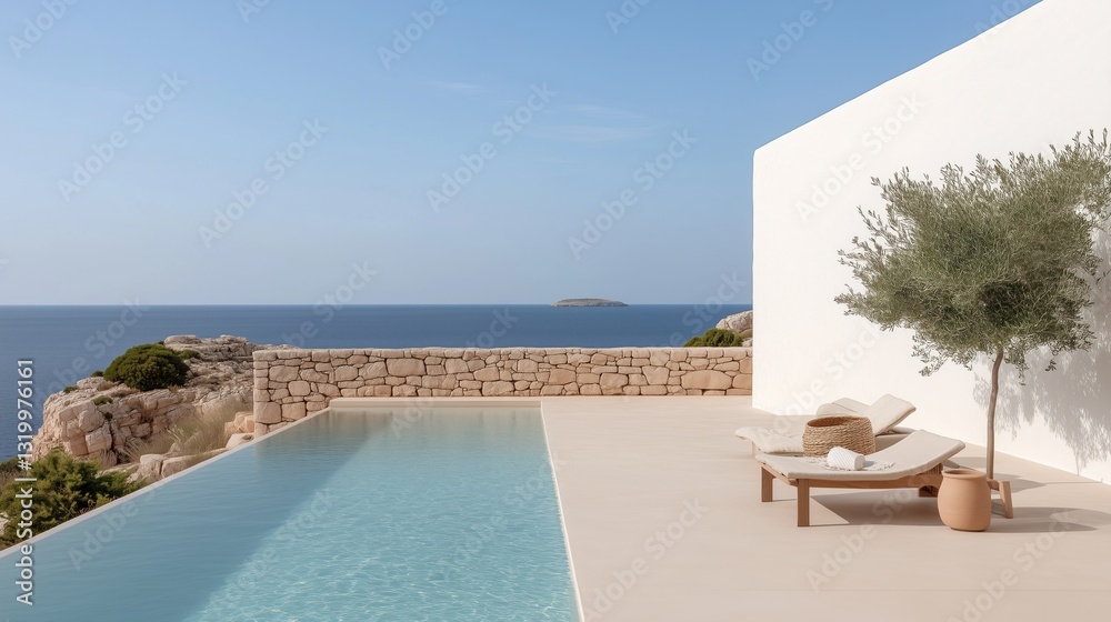 Fototapeta premium Seaside Oasis: The panoramic view of a private pool merging seamlessly with the ocean horizon, surrounded by minimalist architecture and lush landscaping, creating an ambiance of serenity.