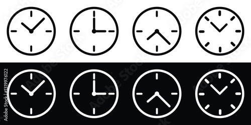 Black and white time clock icons. Clock icons isolated in the background.