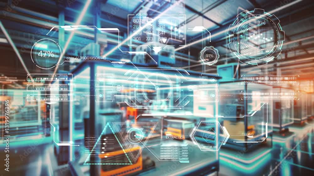 Futuristic interface showing data analysis in automated production line