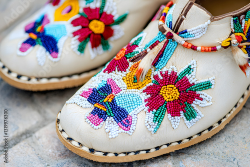 Lakota-style beaded moccasins with vibrant floral motifs on natural buckskin leather