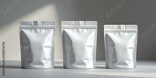 Set of blank white stand-up pouch bags in various sizes on neutral background, perfect for product packaging mockup, branding, or commercial design presentation

