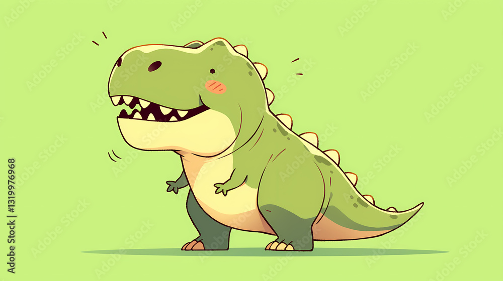 Cute cartoon dinosaur with a joyful expression standing against a bright green background Cute cartoon dinosaur with a joyful expression standing against a bright green background