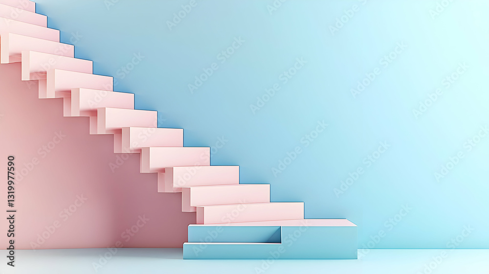 Pink Staircase With Blue Podium Ascending Against A Pastel Blue Wall in a Minimalist 3D Rendered Interior Space Pink Staircase With Blue Podium Ascending Against A Pastel Blue Wall in a Minimalist 3D Rendered Interior Space