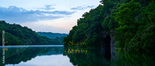 Tranquil Twilight Waterscape With Lush Green Forest And Blue Reflections On Serene River
