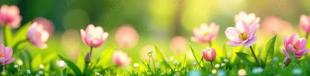 Soft pastel blooms in a lush spring meadow, sunlit Delicate petals and fresh green leaves , landscape, spring blossom