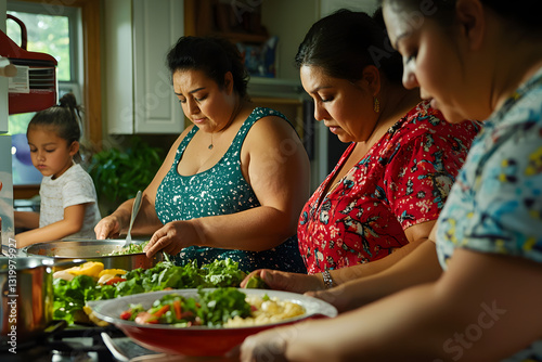 multi-generational full-figured women preparing meal together in home kitchen